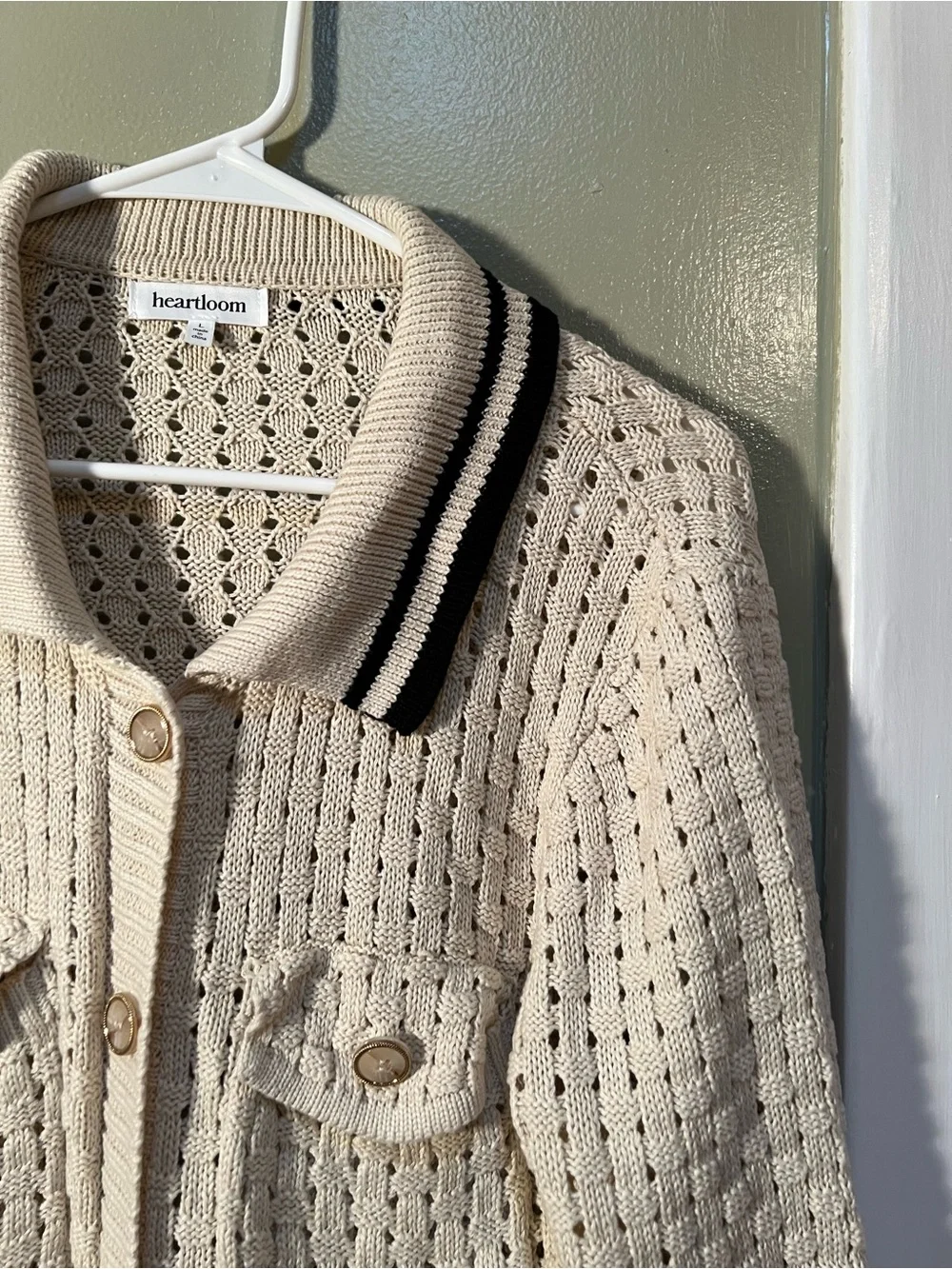 Heartloom Womens Sz Large Posey Cardi Cardigan Sweater Beige Black Marble Button